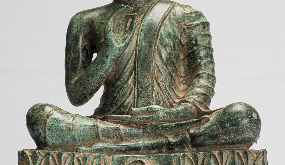 Buddha Statue - Antique Khmer Style Bronze Buddha Statue Dharmachakra Teaching Mudra - 51cm/20"