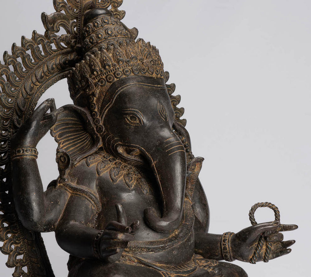 Ganesha Statue - Antique Thai Style Bronze Seated 4-Arm Ganesha Statue - 87cm/35"