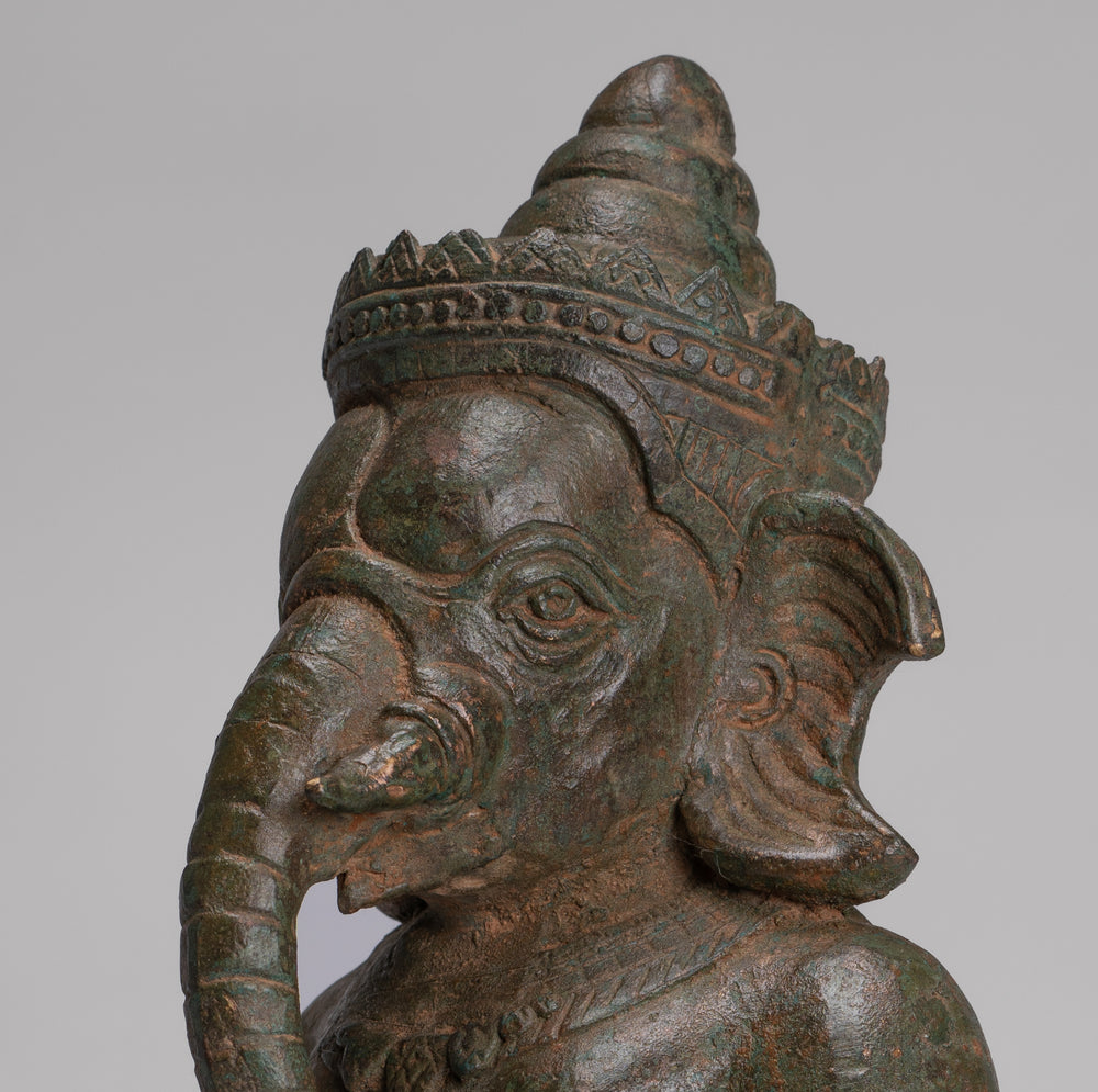 Estatua de Ganesha - Estatua de Ganesh arrodillado de bronce de estilo tailandés antiguo - 34 cm/14"