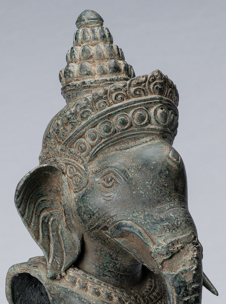Ganesha Statue - Antique Khmer Style Mounted Bronze Angkor Wat Ganesha Statue - 45cm/18"