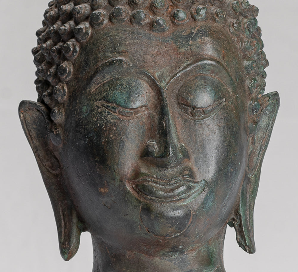 Buddha Head - Antique Thai Style Sukhothai Mounted Bronze Buddha Head - 29cm/12"