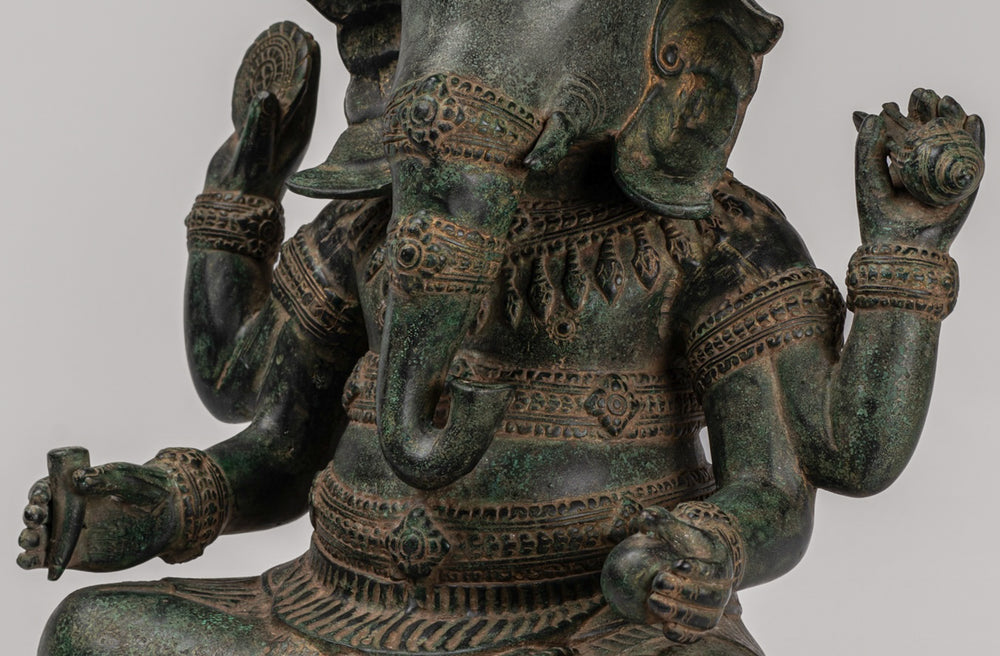 Ganesha Statue - Antique Khmer Style Angkor Wat Bronze Seated Four Arm Ganesh Statue - 38cm/15"