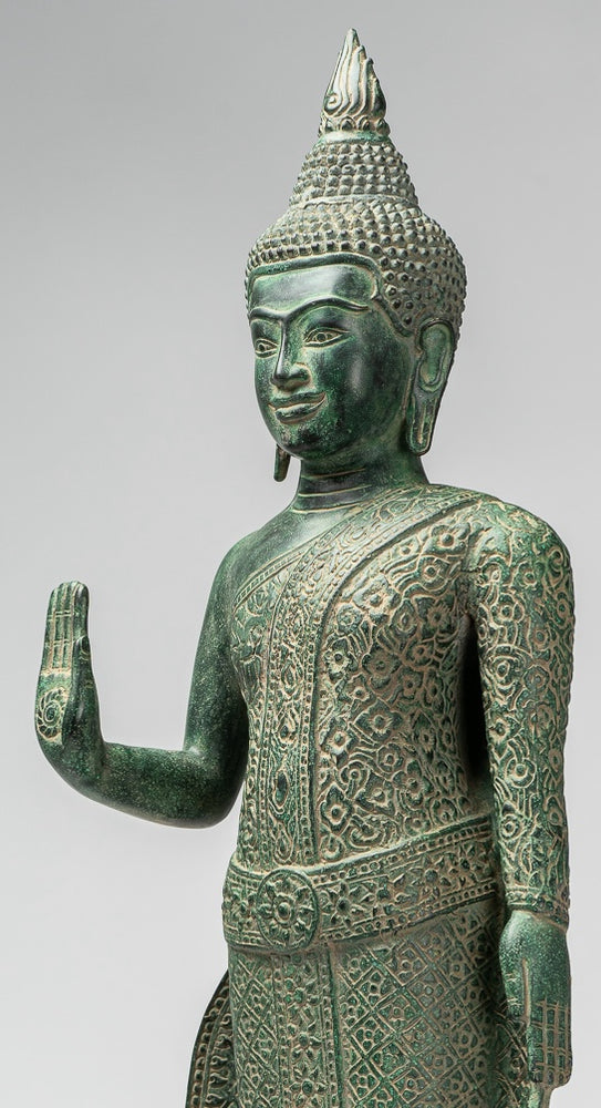 Buddha Statue - Antique Khmer Style Bronze Standing Abhaya Protection Buddha Statue - 65cm/26"