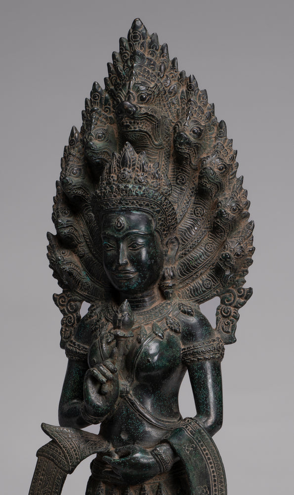 Statua di Naga - Bronzo antico in stile Khmer protettivo "Regina Soma" Madre di Naga, statua di serpente o serpente - 76 cm/30"
