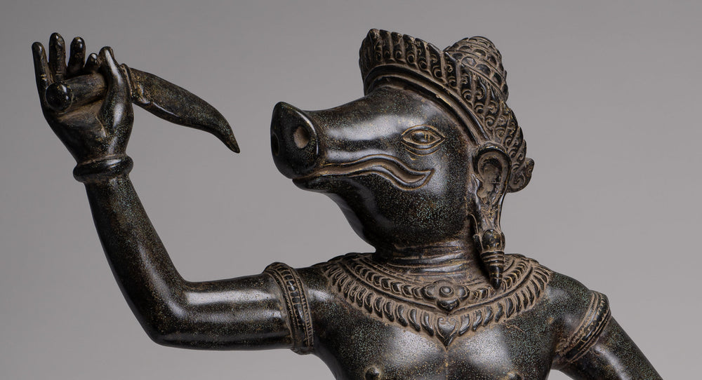 Varaha Statue - Antique Khmer Style Standing Bronze Varaha Boar Avatar of Vishnu - 62cm/25"