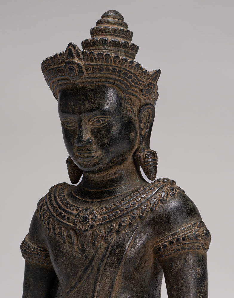 Statue de Bouddha - Statue de Bouddha Bayon des Lumières en Bronze de Style Khmer Antique - 37 cm/15"