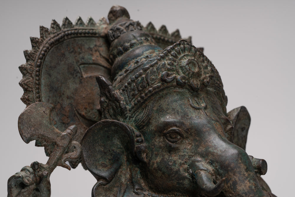 Ganesh - Statue de Ganesha inclinable en bronze de style thaïlandais antique avec souris - 41 cm/16"