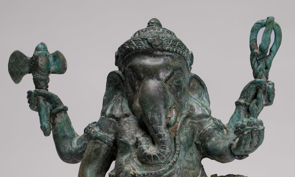 Ganesh - Antique Thai Style Bronze Dancing Ganesha Statue w/Mouse - 28cm/11"