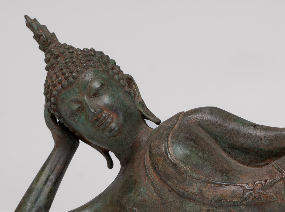 Buddha Statue - Antique Thai Style Bronze Sukhothai Reclining Nirvana Buddha Statue - 44cm/18"