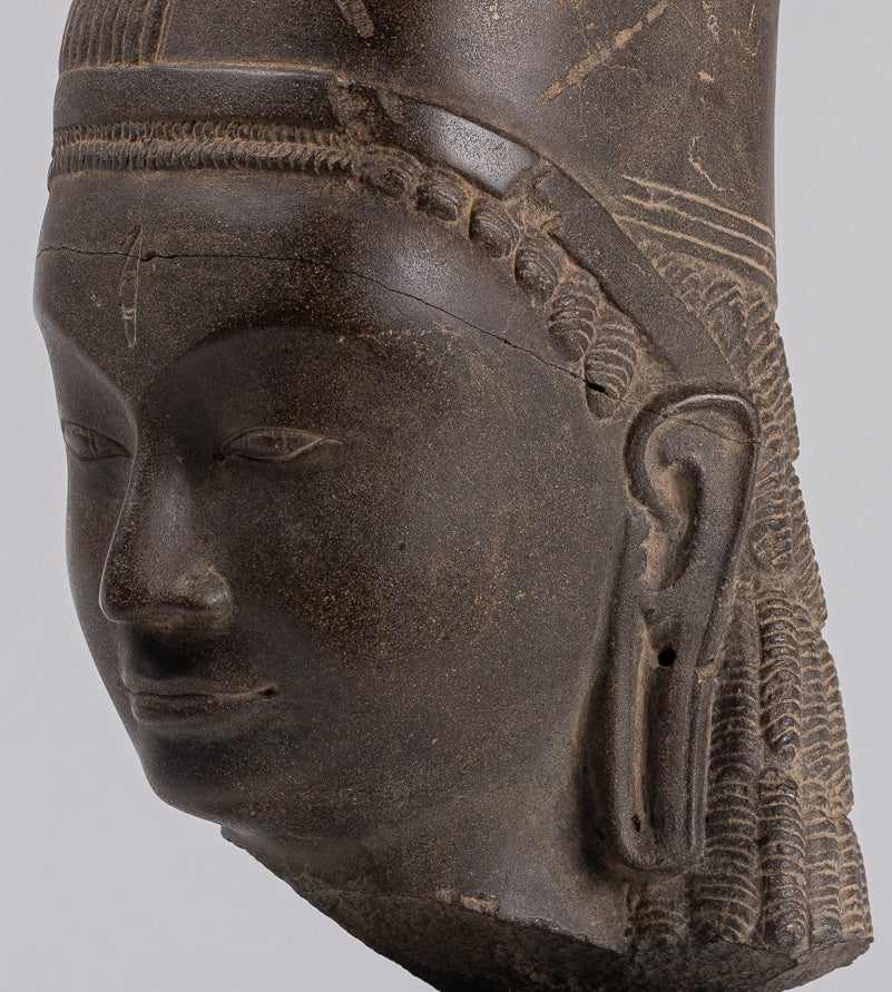 HariHara Statue - Antique Phnom Da Style Stone Khmer Hari Hara or Vishnu & Shiva Head - 44cm/18"