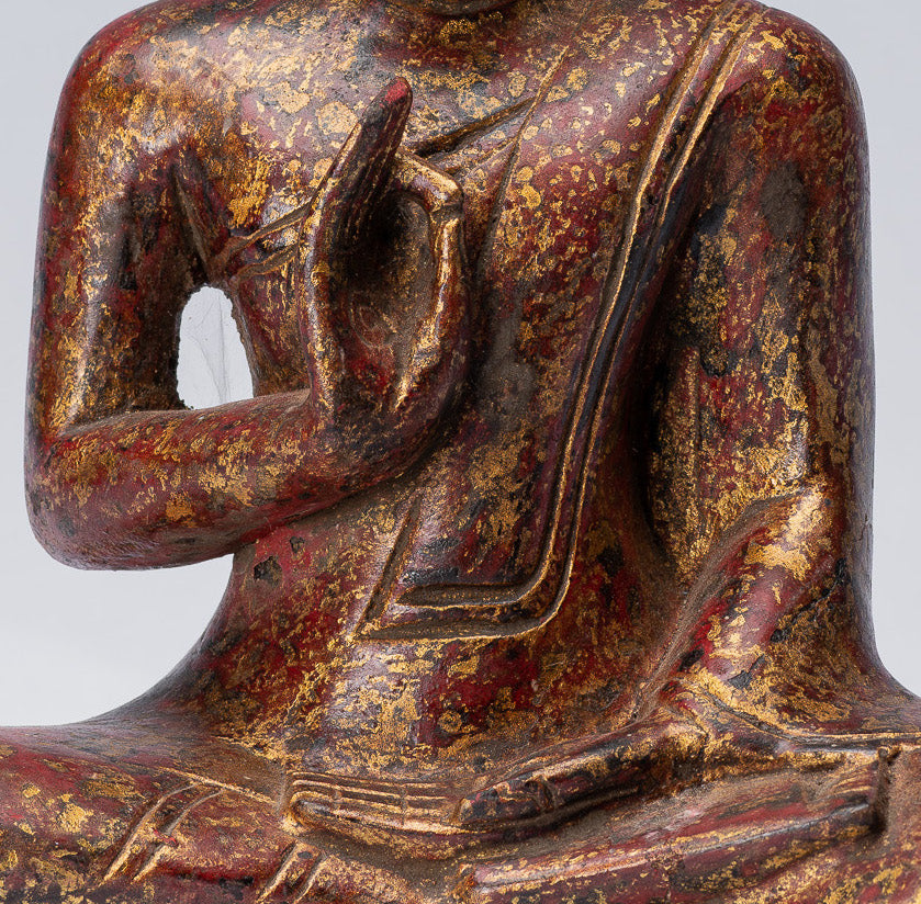 Buddha Sculpture - Buddha - Antique Khmer Style Seated Wood Buddha Statue Teaching Mudra - 27cm/11"