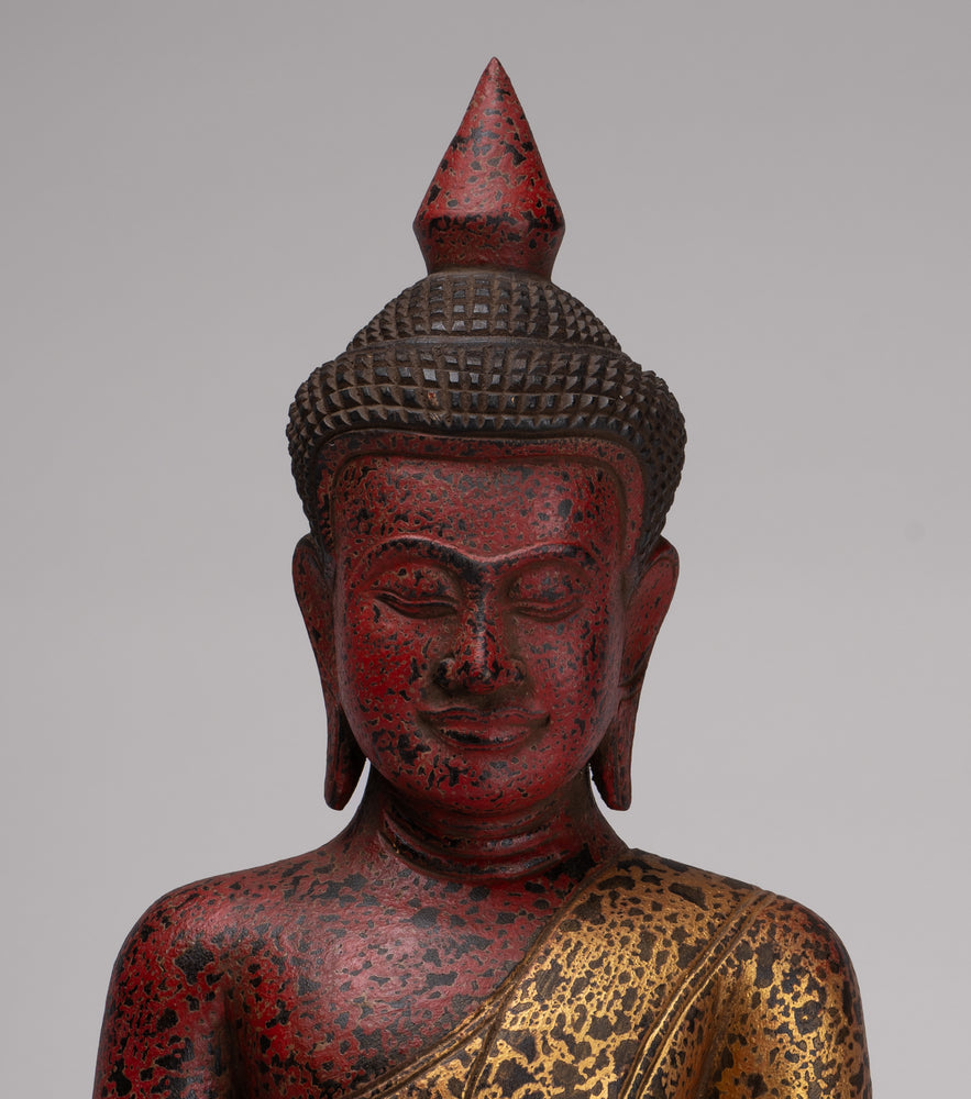 Statua di Buddha - Statua di Buddha da meditazione seduto in legno in stile Khmer antico del sud-est asiatico - 49 cm/20"