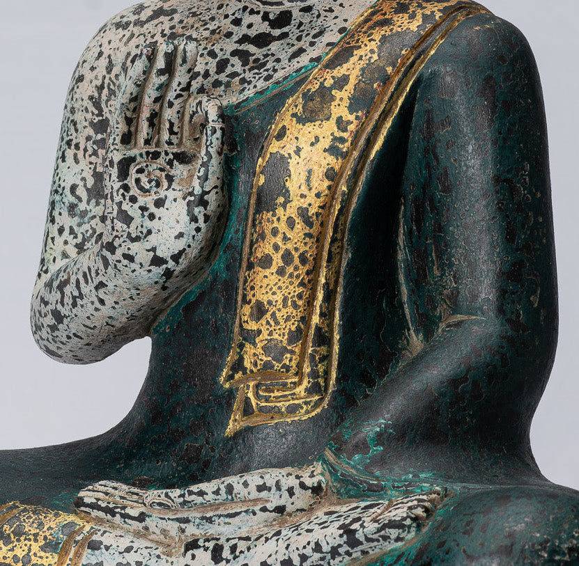Buddha Sculpture - Buddha - Antique Khmer Style Seated Wood Buddha Statue Teaching Mudra - 40cm/16"