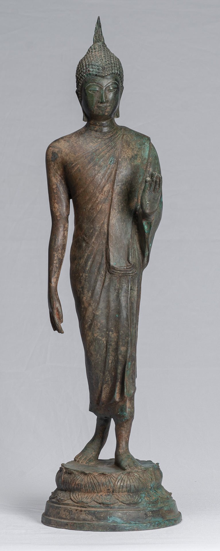 Antique Sukhothai Style Standing Bronze Protection Walking Buddha 