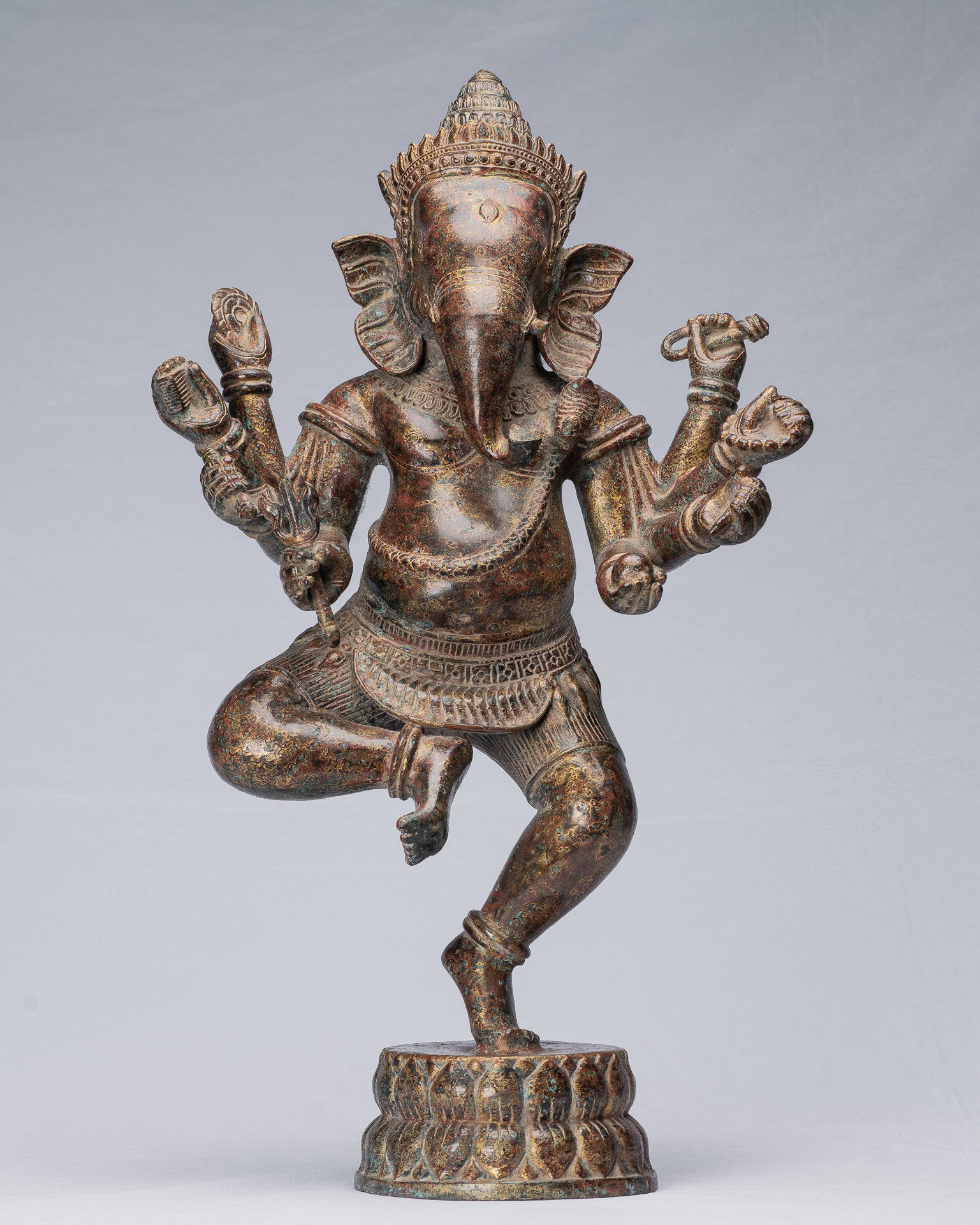 Small Brass Ganesh Dancing in Playful Pose with Vahana Mooshika By His Side  7.5