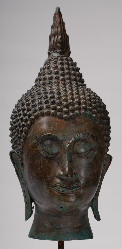 Buddha Head - Antique Thai Style Sukhothai Mounted Bronze Buddha Head - 38cm/15"