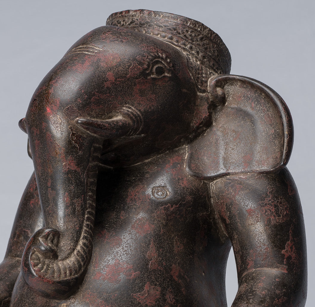 Seated Ganesh - Antique Bayon Style Seated Stone Ganesha Statue