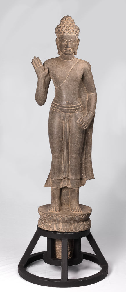 Buddha Statue-Antique Phnom Da Style Standing Stone Protection Khmer Buddha-123cm/49 " Tall