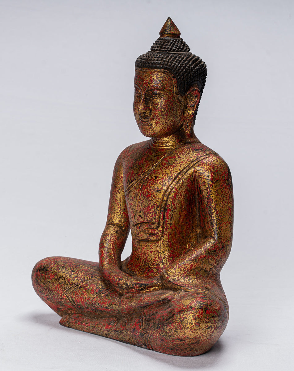 Buddha Sculpture - Antique Khmer Style Wood Seated Buddha Statue Dhyan ...